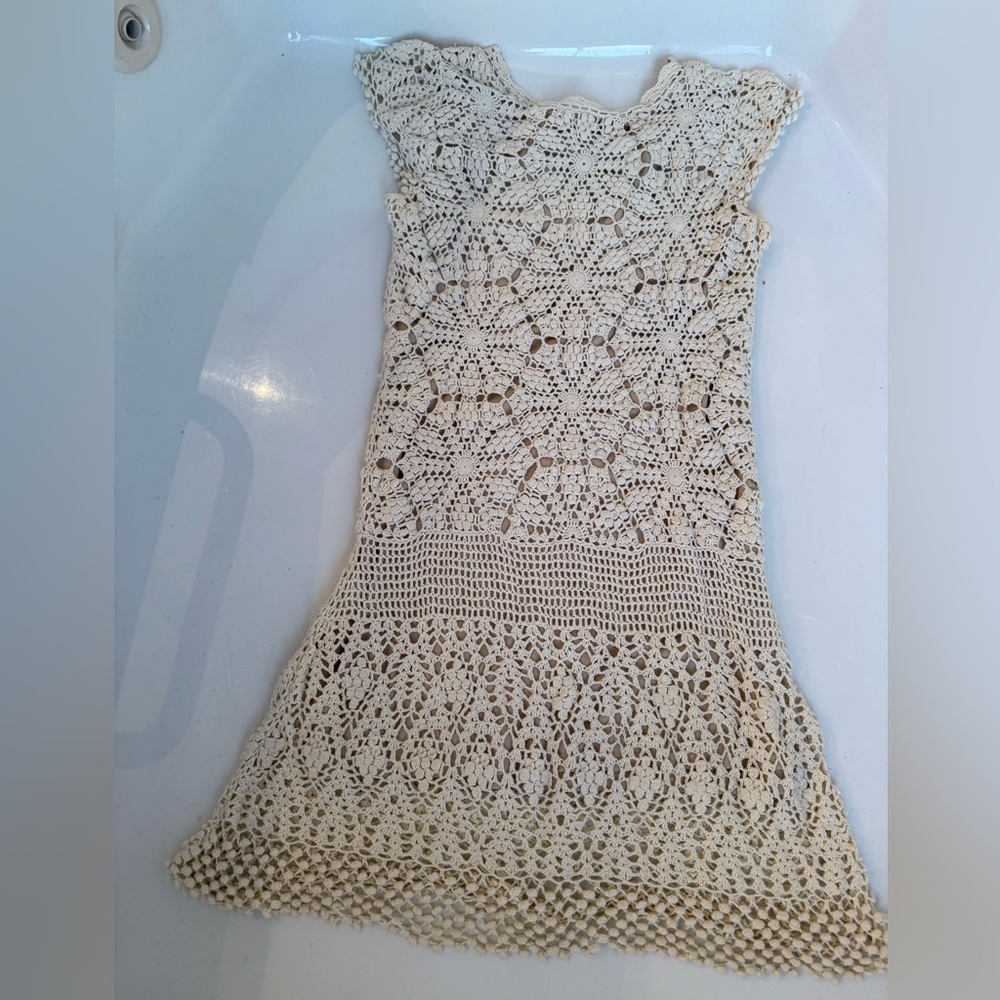 Essentials by ABS Cream Sheath Crochet Mini Dress